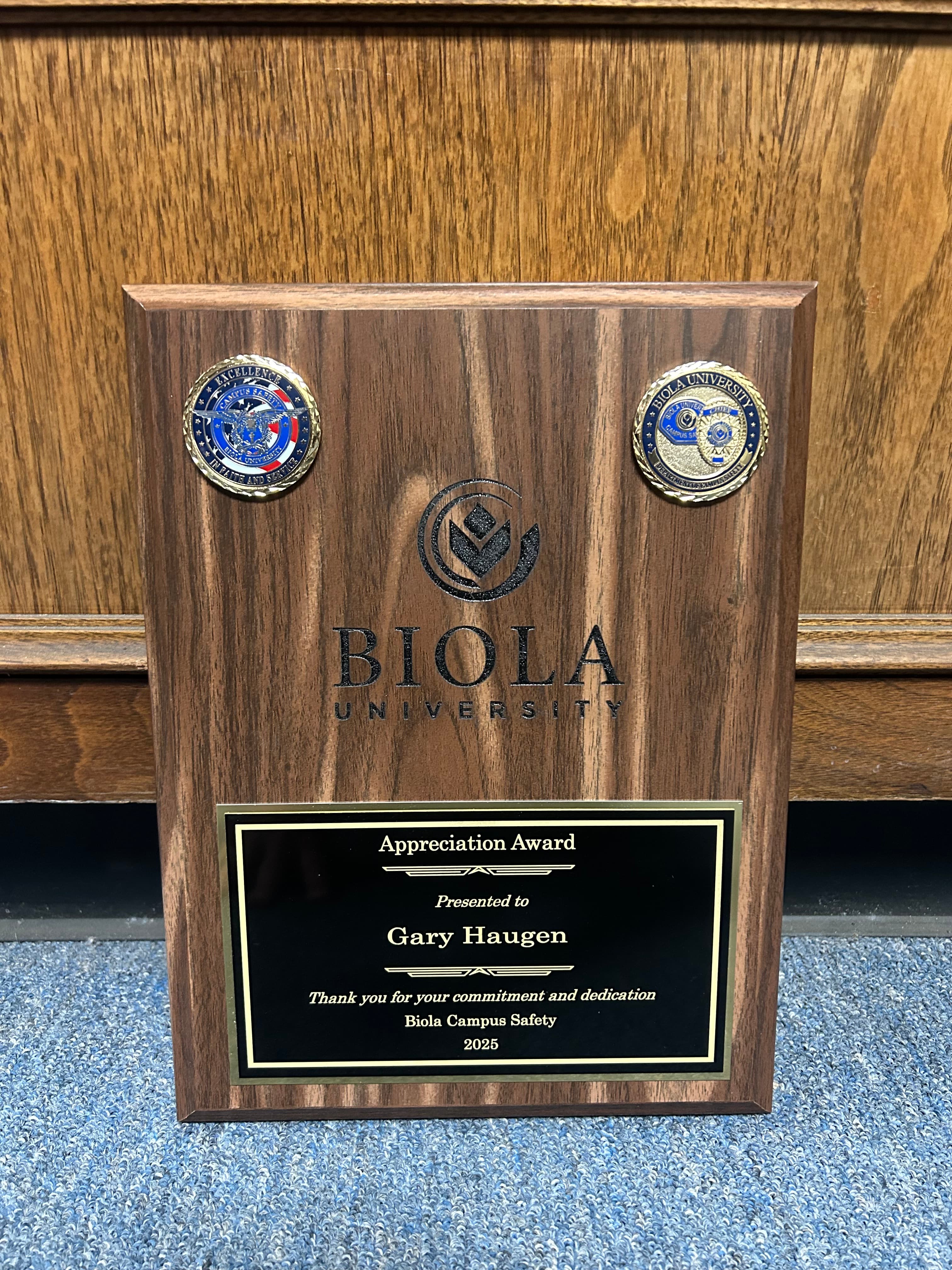 plaques: Biola University Appreciation Award