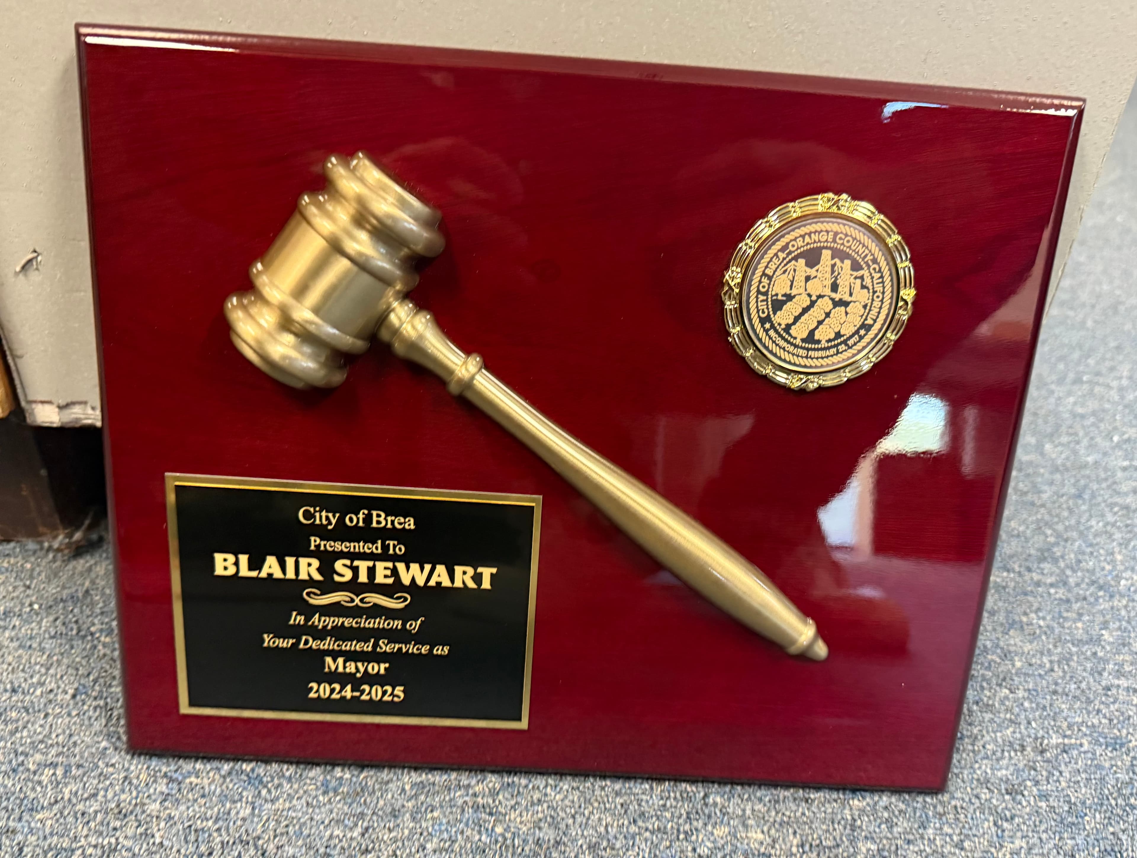 City of Brea rosewood gavel plaque with engraved plate and city seal