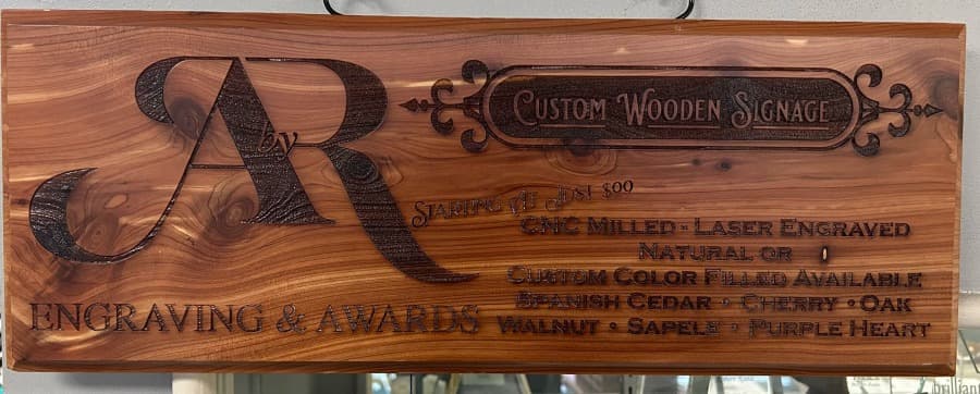 Custom cedar wood sign with ABR logo, CNC milled and laser engraved