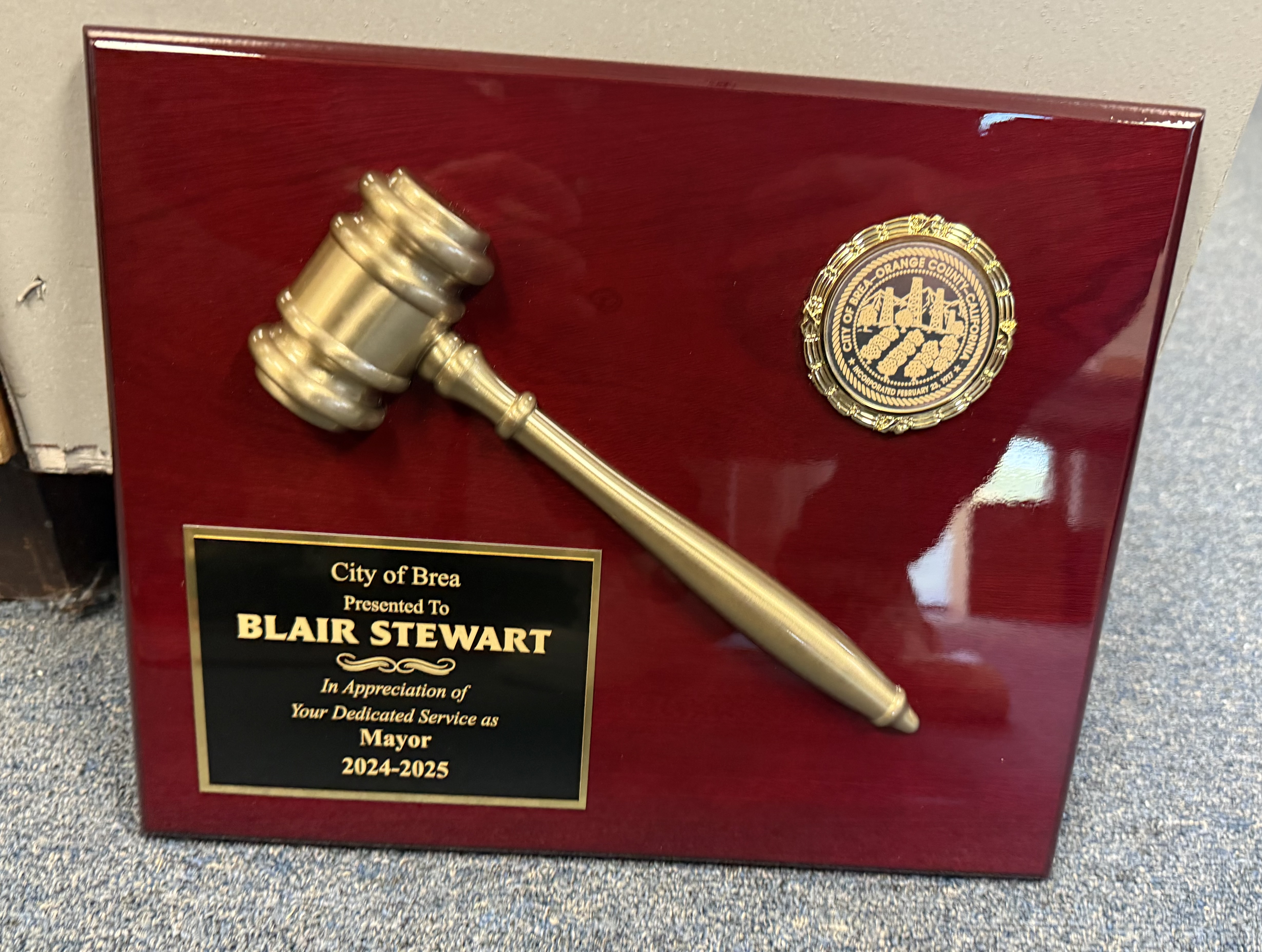 plaques: City of Brea Mayor's Gavel Plaque