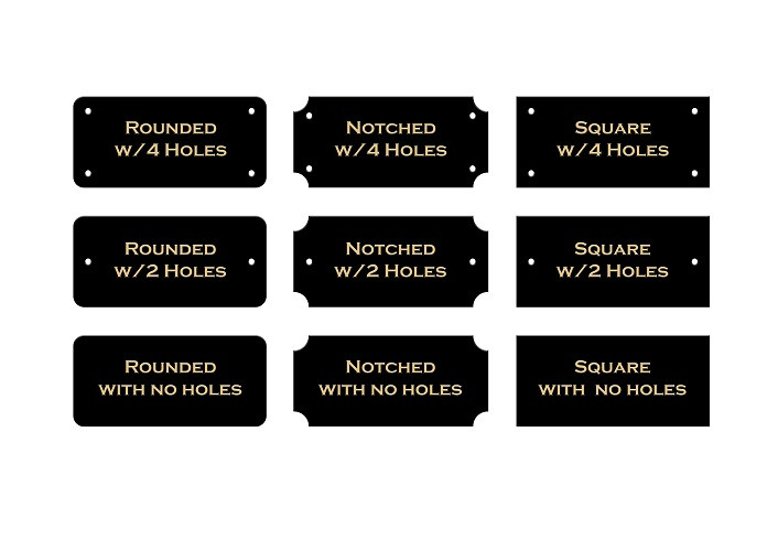 Black brass engraving plates with gold text showing rounded, notched, and square corner options